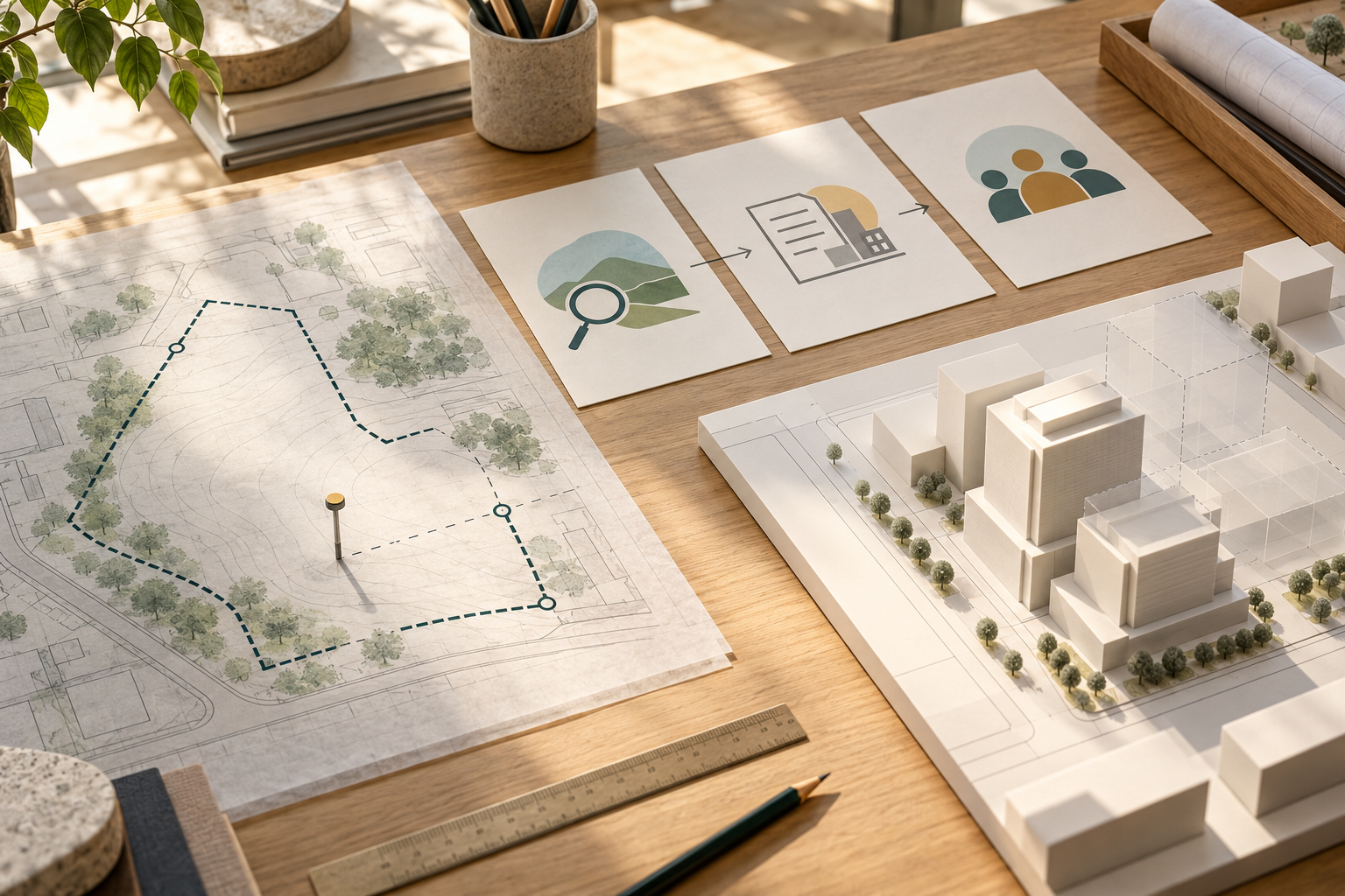 Editorial illustration of a parcel boundary, review cards and schematic massing