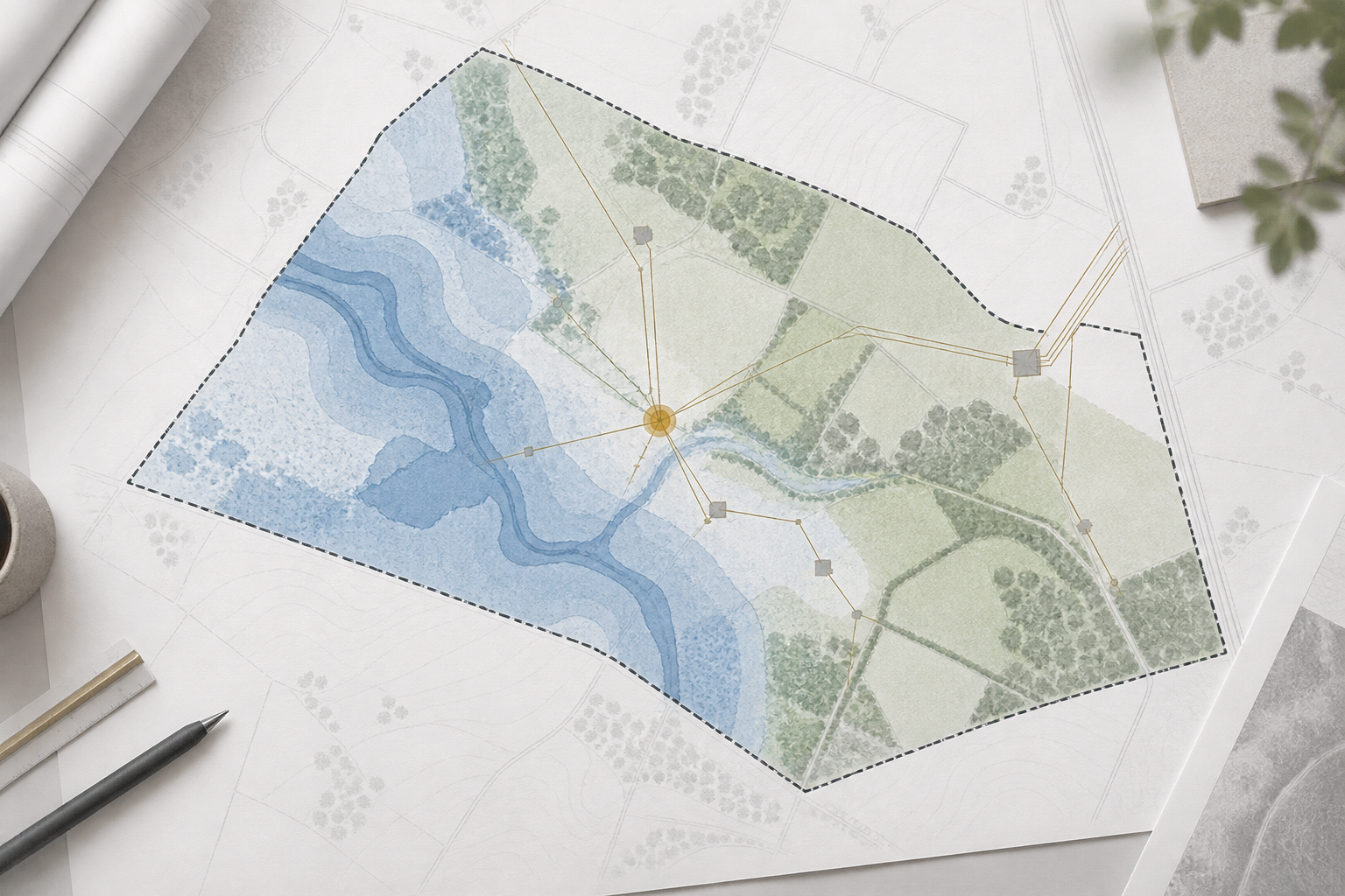 Illustrative layered site plan showing checked and unresolved site inputs
